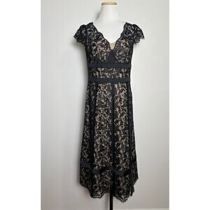 Ann Taylor Loft Black Sheer Lace Cocktail Dress Sz 6 Classic Midi Party Wedding